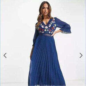 ASOS DESIGN Lace Insert Pleated Midi Dress with Embroidery in Navy